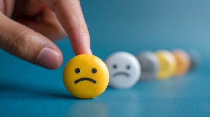 Businessman pressing unhappy customer feedback icon on digital rating scale, concept of poor service review, dissatisfaction, and negative experience.