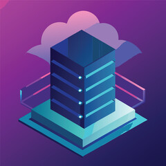  Isometric Cloud Computing Server Rack with Data Flow Lines &ndash; Neon Blue and Purple Vector Illustration