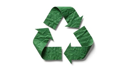 Crumpled green paper forms a recycling symbol on a white background. This icon represents waste reduction, reuse, and environmental consciousness.