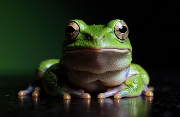 Naklejka premium Close-up of a green tree frog with large eyes on dark background