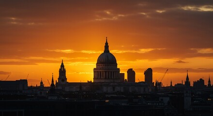 Obraz premium Silhouette of Saint Paul Cathedral and London cityscape against vibrant orange sunset sky, iconic British architecture, historic urban skyline in UK