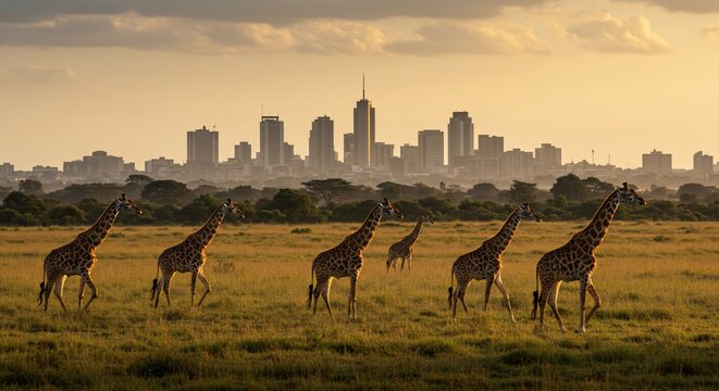 Nairobi's Skyline: Giraffes & City at Dawn - Powered by Adobe