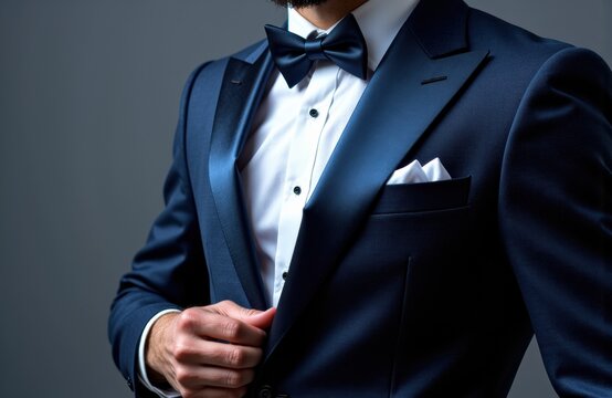 A man in a formal tuxedo adjusting his jacket with a bow tie and white shirt
