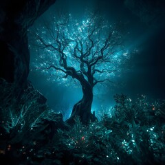 Ancient Tree with Glowing Teal-Blue Luminescence in Mystical Forest Fantasy Magical Realism