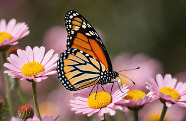 Fototapeta premium A monarch butterfly lands on a pink daisy flower in a natural garden setting