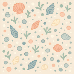 Charming handdrawn pattern of pastel seashells seaweed and bubbles with a gentle textured feel.