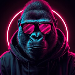 Cyberpunk Gorilla with Futuristic Sunglasses Neon Urban Digital Art Logo