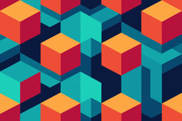 Seamless isometric cube pattern with teal orange and red colors