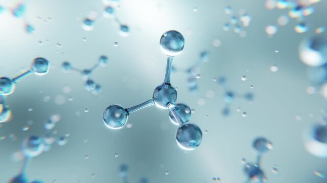 Shiny 3D molecules in pure motion, representing skincare innovation, hydration, and anti-aging science for luxury cosmetic, serum, and beauty product themes.

