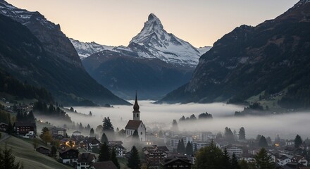 Matterhorn Majesty: A Swiss Village Wreathed in Mist