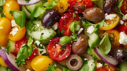 Close-up of a colorful Mediterranean salad with olives, feta, and cherry tomatoes