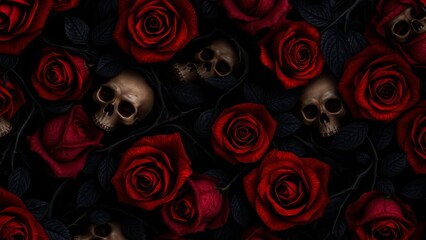 Striking composition of red roses and a skull, blending beauty and mortality in a bold artistic statement