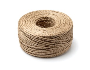 Rolled light brown twine on white background