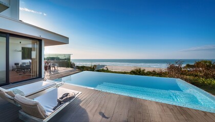 Fototapeta premium beachfront modern home with private pool sleek design and sea view balcony