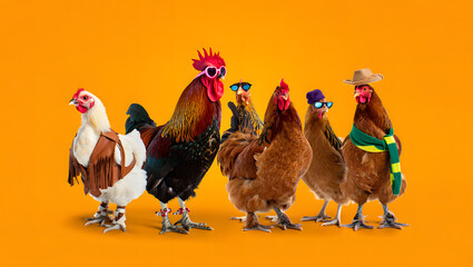 A group of chickens dressed in various accessories including sunglasses, hats, and scarves, standing against an orange background.