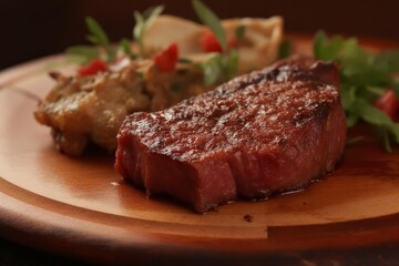 A succulent piece of meat artfully plated on a rustic wooden board for a gourmet dining experience