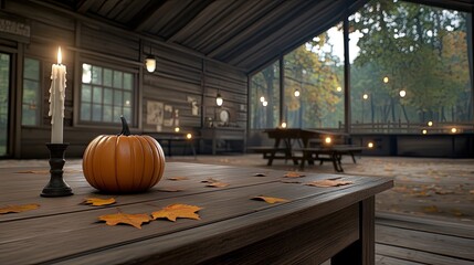Obraz premium A glowing pumpkin sits on a wooden surface with candles nearby, surrounded by autumn leaves, creating a warm atmosphere during the evening