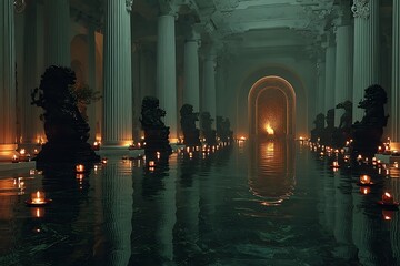 Grand hall with columns statues and glowing archway interior candles