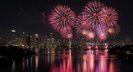 City Nightscape: Fireworks Symphony Over Water