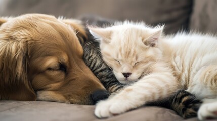 close up, a dog and a cat sleeping hugging each other, on the couch, kitten and puppy,