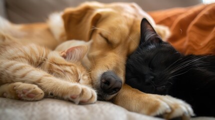 close up, a dog and a cat sleeping hugging each other, on the couch, kitten and puppy, 