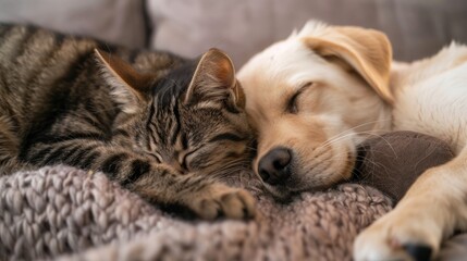 close up, a dog and a cat sleeping hugging each other, on the couch, kitten and puppy, 