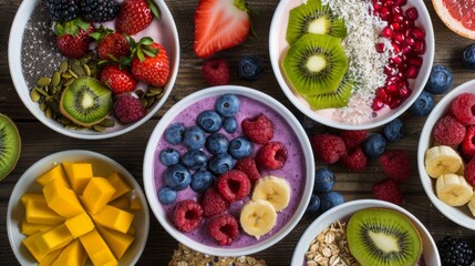 Colorful array of fresh fruits and superfoods arranged in a vibrant smoothie bowl, 