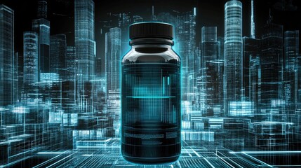 A dark bottle of supplements stands prominently against a backdrop of a futuristic, wireframe cityscape glowing in electric blue, suggesting technological advancement in health or medicine