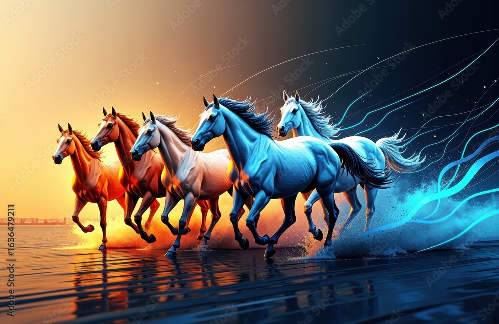Poster colorful horses running through water with dynamic light streaks creating a sense of motion