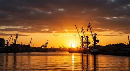 Obraz premium Golden Hour Harbor: Silhouette of Industry at Sunset