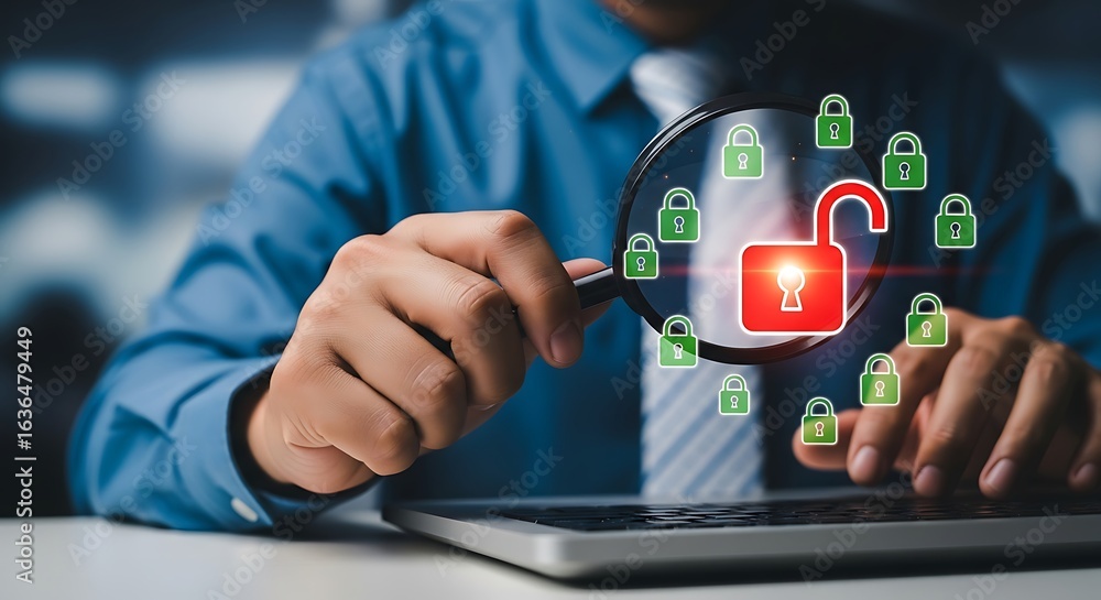Poster man examining an unlocked padlock icon with a magnifying glass, symbolizing data security and vulner