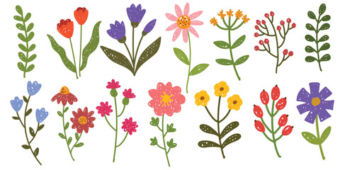 Cute hand drawn spring flower doodle set. Colorful floral vector elements with crayon, chalk, sketchy style. Perfect for kids design, spring clipart, invitations, stickers, cards, and textile prints. 