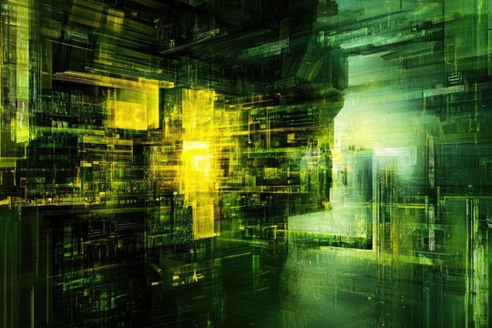 Abstract digital artwork depicting a glowing, multifaceted, cuboid structure within a dark, green and yellow, seemingly infinite space.  - Powered by Adobe