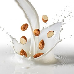 Photorealistic Almond Milk Splash with Whole and Halved Almonds on White Background