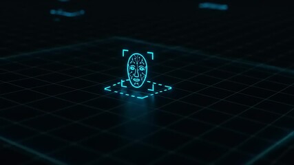 Futuristic digital interface displaying facial recognition technology on a grid background at night - Powered by Adobe