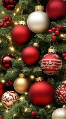 Fototapeta premium A beautifully adorned Christmas tree showcases shimmering gold and red ornaments, illuminated by soft lights, set against a dark, starry background