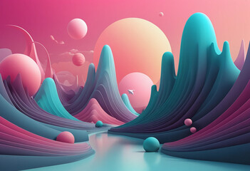 A vibrant, dreamlike landscape of flowing pink and teal mountains with a river and floating spheres.