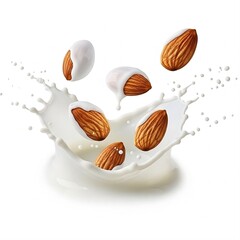 Photorealistic Almond Milk Splash with Whole and Halved Almonds on White Background