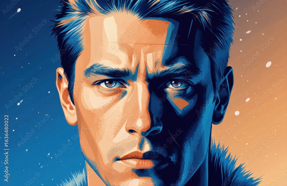 Poster close-up of a man's face with intense expression and contrasting lighting creating dramatic shadows