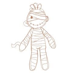 Cute mummy doll sketch with stitched smile and bandages, Halloween themed design.
