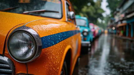 Yellow Taxi in Monsoon: A vibrant yellow taxi stands out amidst a monsoon downpour, capturing the essence of a bustling cityscape. Raindrops glisten on the car's surface.