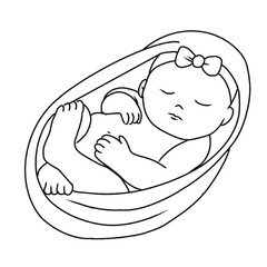 Obraz premium Black and white outline drawing of a newborn baby in a blanket for coloring.