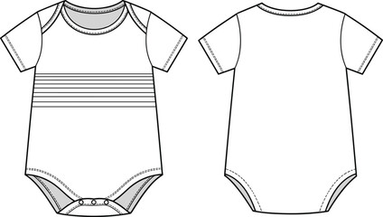 Baby bodysuit CAD drawing, flat vector illustration, front and back view, short sleeves, snap closure, minimalist design, technical sketch © kulsum creatives