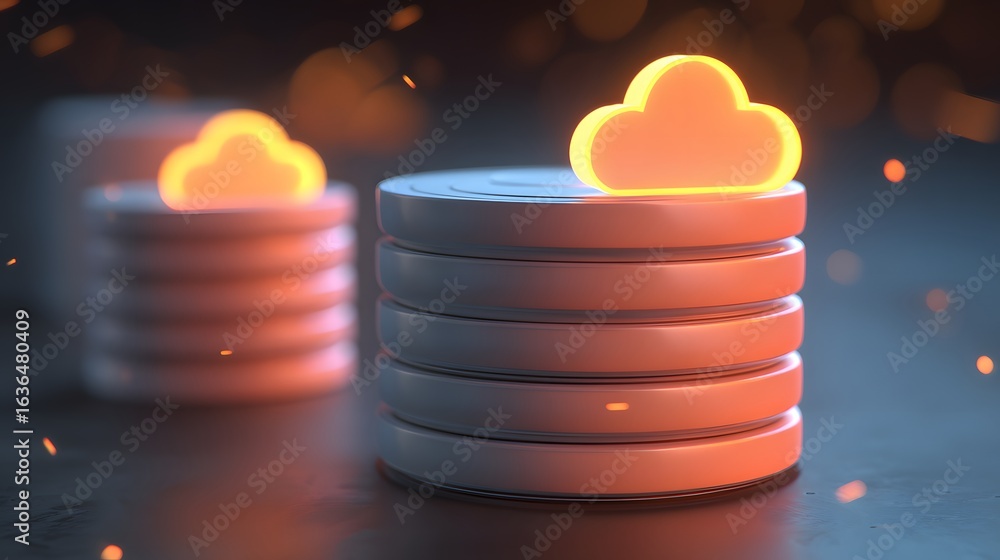 Poster Stacked circular data storage elements with glowing cloud symbol.