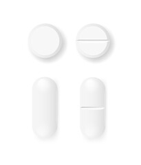 Pills and capsules Medicines tablets, capsules drug of painkillers, antibiotics vitamins. isolated on white background. Vector illustration
