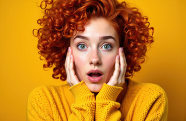 Woman with curly red hair and surprised expression on yellow background