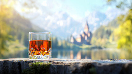 Glass of whiskey sits on stone ledge, surrounded by serene landscape of mountains and lake, evoking sense of tranquility and relaxation
