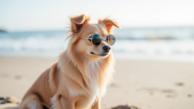 Stylish dog wearing sunglasses enjoys sunny day at beach, showcasing relaxed and playful vibe