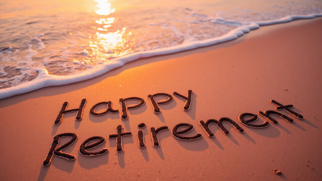 Happy retirement message written in sand on beach, with gentle waves and beautiful sunset in background, creating serene atmosphere