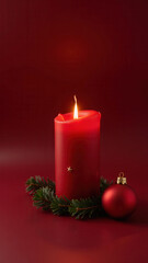 Red candle with flame sits on green pine branch, accompanied by red ornament, creating warm and festive atmosphere